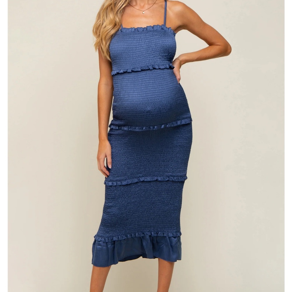 Blue Satin Smocked Fitted Maternity Maxi Dress